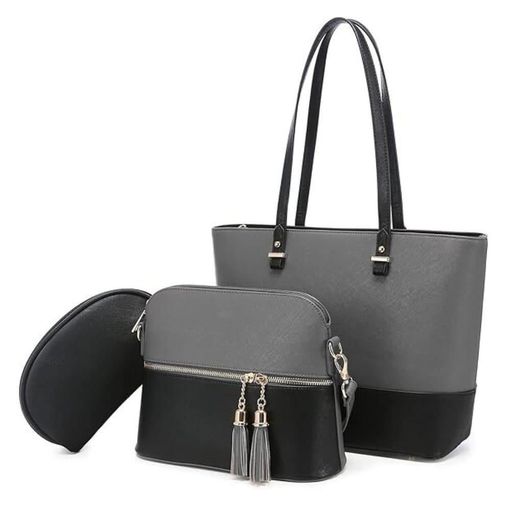 Grey 3-Piece Textured Handbag Set