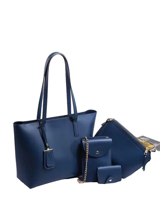 Blue 4-Piece PU Leather Bag Set – Plain Finish