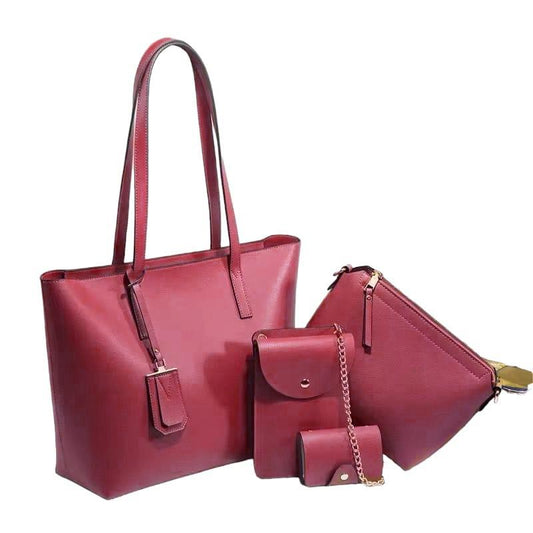 Maroon 4-Piece Handbag & Wallet Set – Plain Finish